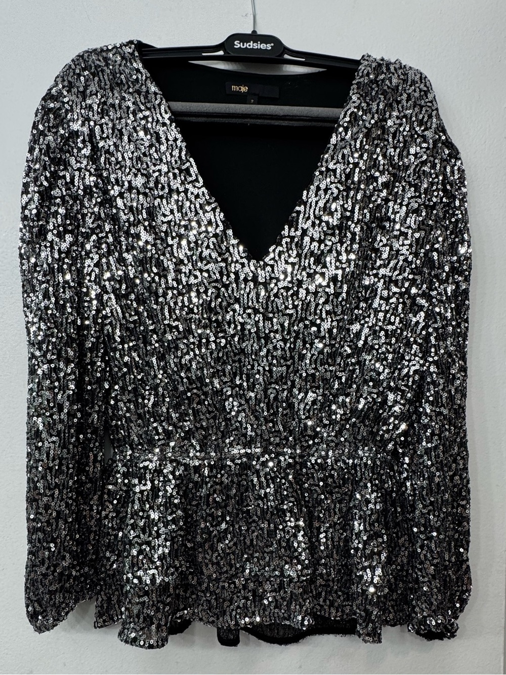 Maje Black and Silver Sequin V-Neck Peplum Blouse